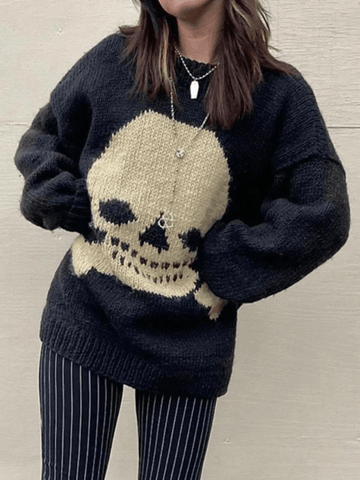 Back To School Sonicelife Vintage Skull Jacquard Pullover Sweater