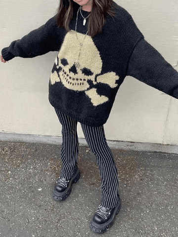 Back To School Sonicelife Vintage Skull Jacquard Pullover Sweater