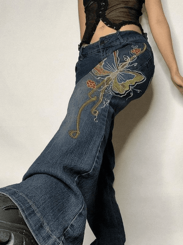 Sonicelife-Vintage Washed Butterfly Flare Jeans