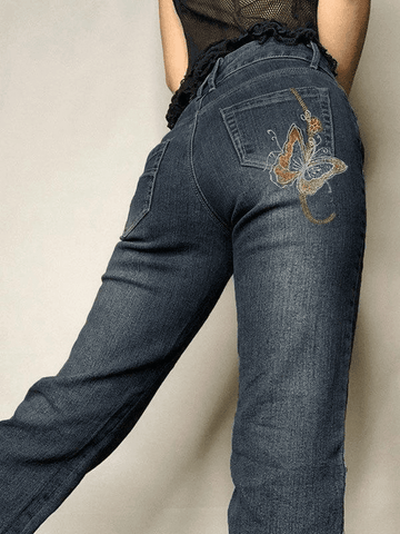 Sonicelife-Vintage Washed Butterfly Flare Jeans