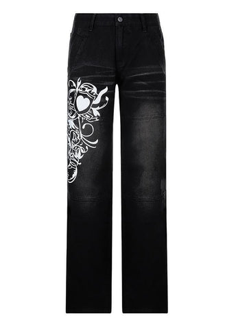 Sonicelife Vintage Washed Heart Print Jeans
