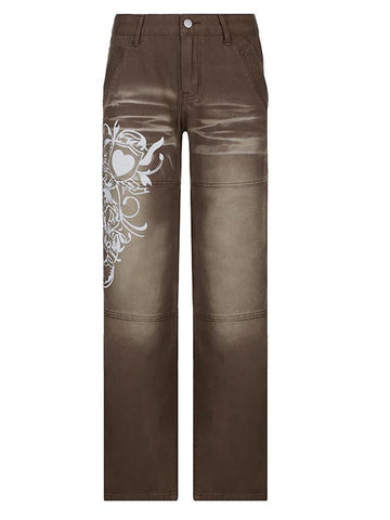Sonicelife Vintage Washed Heart Print Jeans