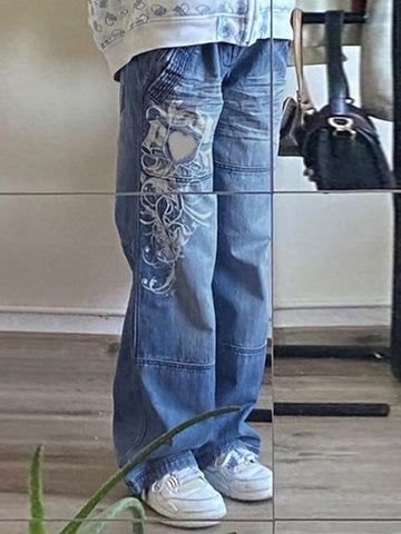 Sonicelife Vintage Washed Heart Print Jeans