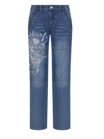 Sonicelife Vintage Washed Heart Print Jeans