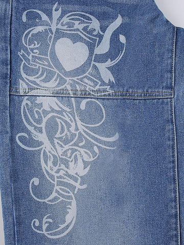 Sonicelife Vintage Washed Heart Print Jeans