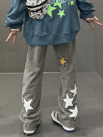 Sonicelife Washed Star Patched Boyfriend Jeans