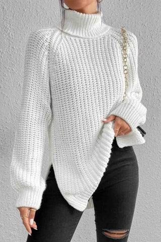 Sonicelife Raglan Sleeve Turtleneck Slit Mid-Length Sweater