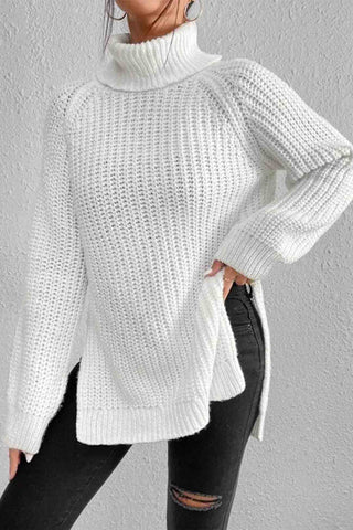 Sonicelife Raglan Sleeve Turtleneck Slit Mid-Length Sweater