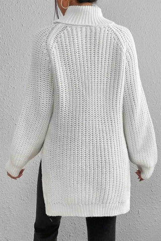 Sonicelife Raglan Sleeve Turtleneck Slit Mid-Length Sweater