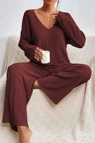 Sonicelife V Neck Ribbed Long Sleeve Two-Piece Set