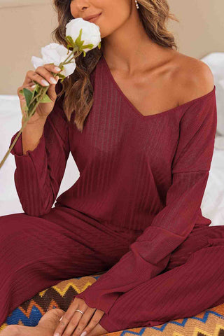 Sonicelife V Neck Ribbed Long Sleeve Two-Piece Set