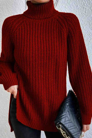Sonicelife Raglan Sleeve Turtleneck Slit Mid-Length Sweater