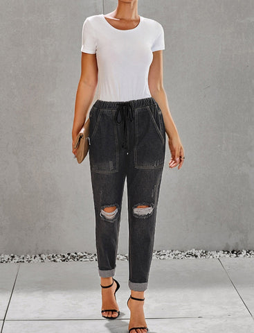 Sonicelife Woman jeans  High-Waisted Tie Straight-Leg Ripped Jeans