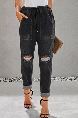 Sonicelife Woman jeans  High-Waisted Tie Straight-Leg Ripped Jeans