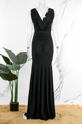 Sonicelife - Black Sexy Formal Solid Patchwork V Neck Evening Dress Dresses