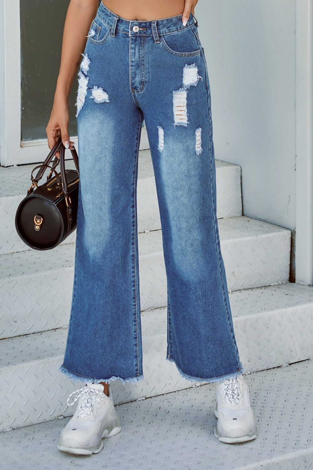 Sonicelife Woman jeans  Ripped Denim Straight-leg Trousers