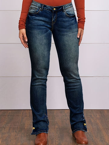 Sonicelife Woman jeans  Button Side Split Embroidery Patch Pocket Bootcut Jeans