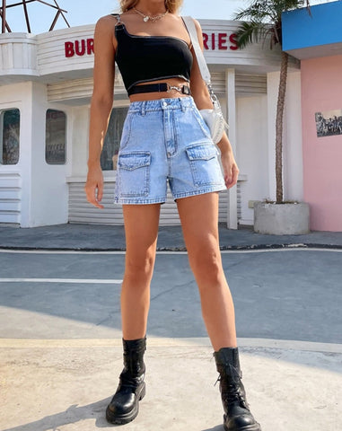 Sonicelife Woman jeans  Pocket High Waist Denim Straight Shorts