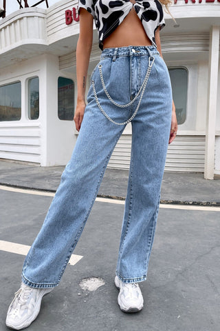 Sonicelife Woman jeans  Loose High Waist Chain Straight Trousers
