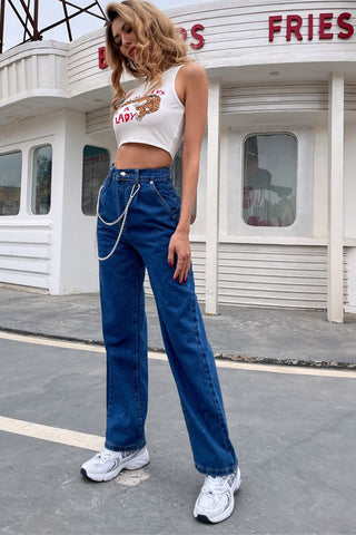 Sonicelife Woman jeans  Loose High Waist Chain Straight Trousers