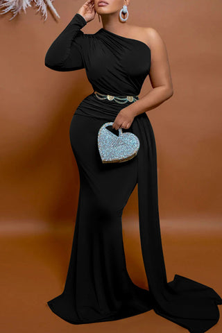 Sonicelife - Black Elegant Solid Patchwork Oblique Collar Evening Dress Dresses