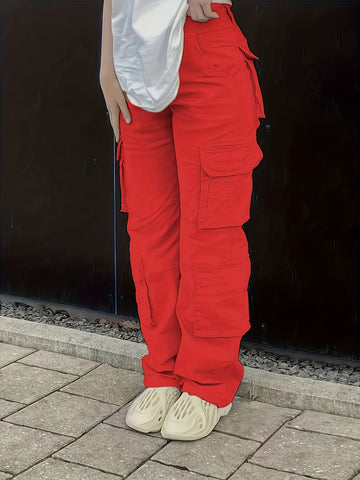 Sonicelife - Plain High Rise Cargo Denim Pants, Loose Solid Color Retro Cargo Jeans, Street Casual Style, Women's Denim Jeans & Clothing