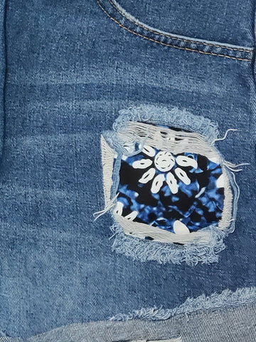 Sonicelife - Blue Rolled Hem Denim Shorts, Slim Fit Ripped Floral Print Slash Pockets Short Denim Pants, Women's Denim Jeans & Clothing