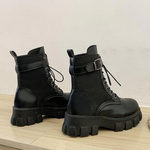 Sonicelife 2024 Black Platform Combat Ankle Boots For Women Lace Up Buckle Strap Woman Shoes Winter Biker Boots Big Size