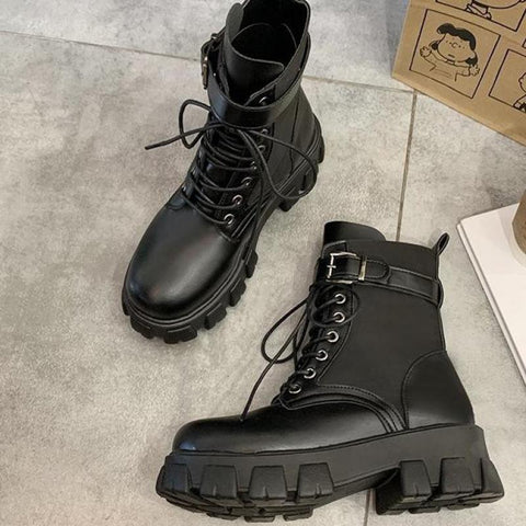 Sonicelife 2024 Black Platform Combat Ankle Boots For Women Lace Up Buckle Strap Woman Shoes Winter Biker Boots Big Size
