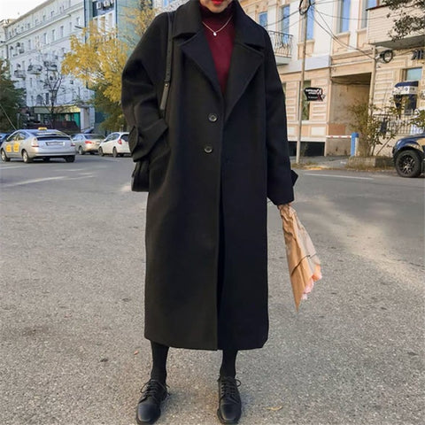 2023 Autumn Winter New Woolen Coat Women Korean Plus Size Black Wild Wool Jacket Female Fashion Long Loose Ladies Overcoat