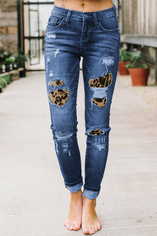 Sonicelife Woman jeans  Leopard Stitching Hand-worn Jeans