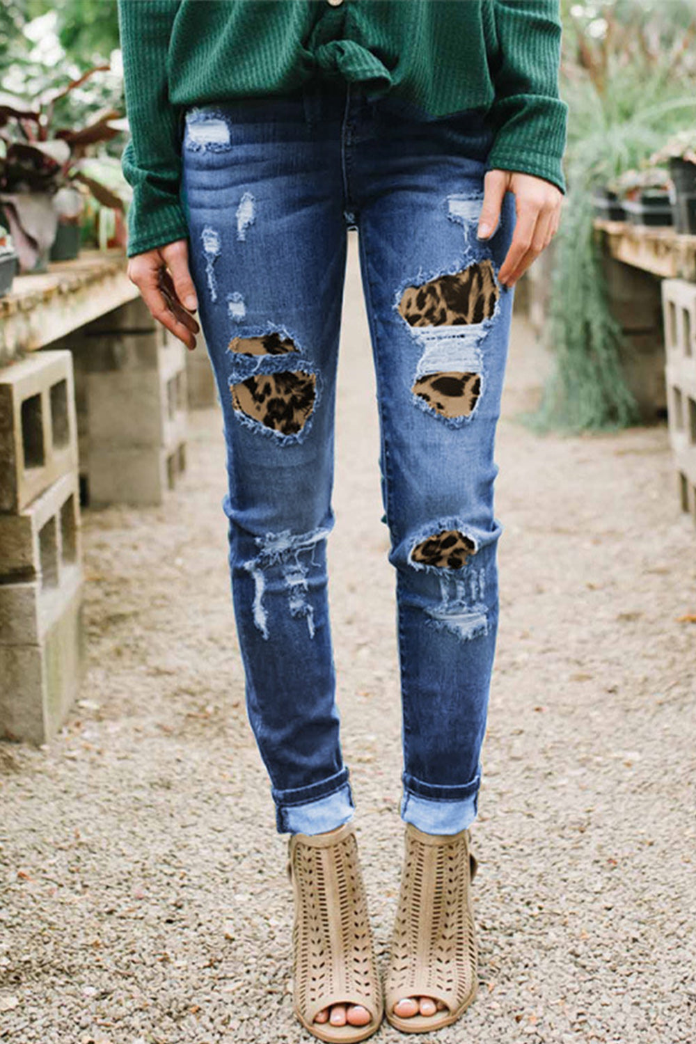 Sonicelife Woman jeans  Leopard Stitching Hand-worn Jeans