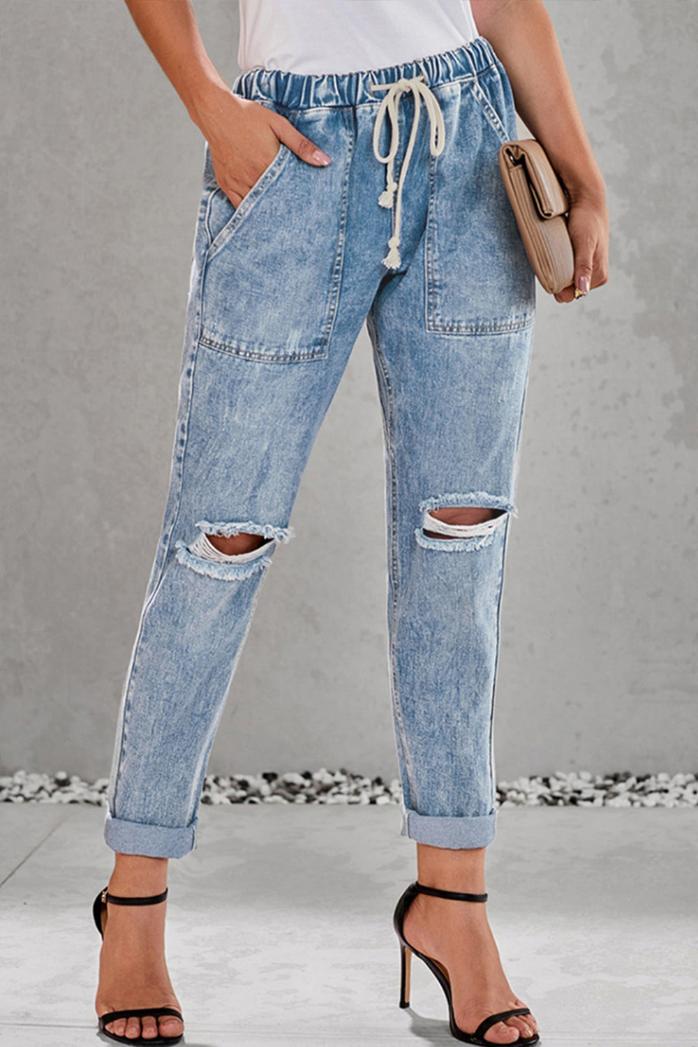 Sonicelife Woman jeans  High-Waisted Tie Straight-Leg Ripped Jeans