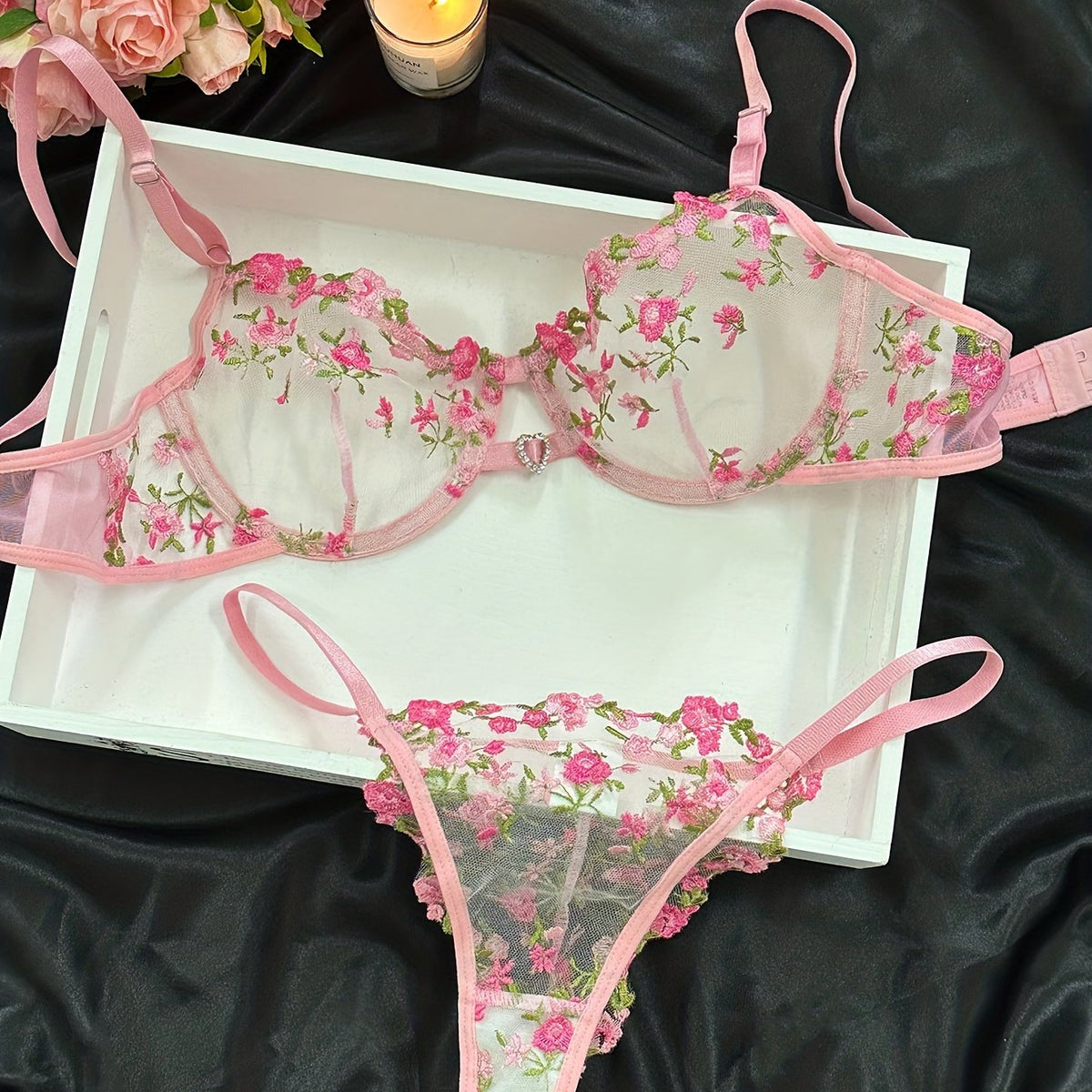 Sonicelife - Floral Embroidery Lingerie Set, Hollow Out Unlined Bra & Sheer Mesh Thong, Women's Sexy Lingerie & Underwear