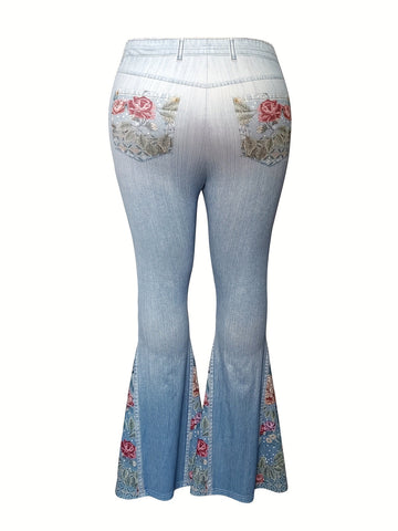 Sonicelife - Plus Size Casual Trousers, Women's Plus Denim Print Slight Stretch Contrast Floral Panel Flare Pants