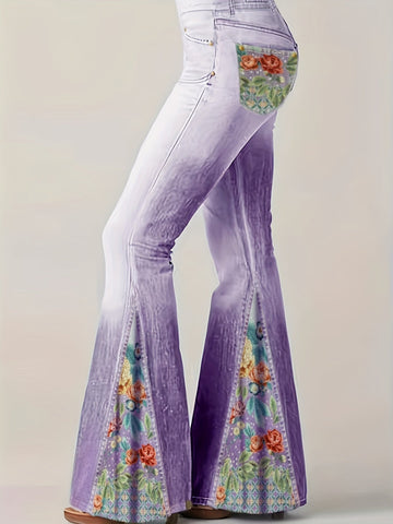 Sonicelife - Plus Size Casual Trousers, Women's Plus Denim Print Slight Stretch Contrast Floral Panel Flare Pants