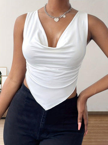Sonicelife Hanky Hem Cowl Neck Tank Top, Y2K Sleeveless Tank Top For Summer, Women's Clothing