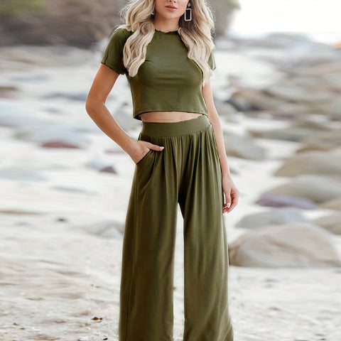 Sonicelife - Casual Matching Two-piece Set, Short Sleeve T-shirt & Wide Leg Pants Outfits, Women's Clothing
