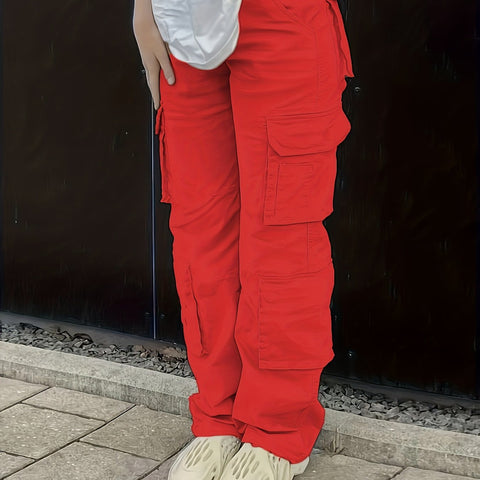 Sonicelife - Plain High Rise Cargo Denim Pants, Loose Solid Color Retro Cargo Jeans, Street Casual Style, Women's Denim Jeans & Clothing