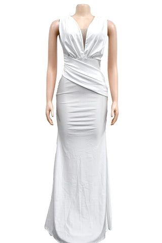 Sonicelife - Black Sexy Formal Solid Patchwork V Neck Evening Dress Dresses