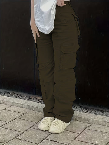 Sonicelife - Plain High Rise Cargo Denim Pants, Loose Solid Color Retro Cargo Jeans, Street Casual Style, Women's Denim Jeans & Clothing