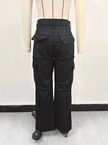 Sonicelife - Plain High Rise Cargo Denim Pants, Loose Solid Color Retro Cargo Jeans, Street Casual Style, Women's Denim Jeans & Clothing