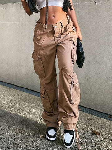 Sonicelife - Women's Vintage Cargo Pants - High Waist Baggy Jeans With Pockets And Wide Legs For Casual Streetwear And Y2K Style