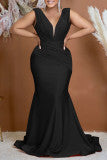 Sonicelife - Black Sexy Formal Solid Patchwork V Neck Evening Dress Dresses