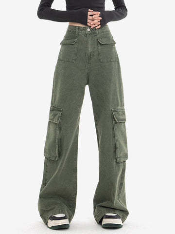 Sonicelife 2024 New Fashion Woman Bottom Elegant Vintage 90s Green Cargo Jeans