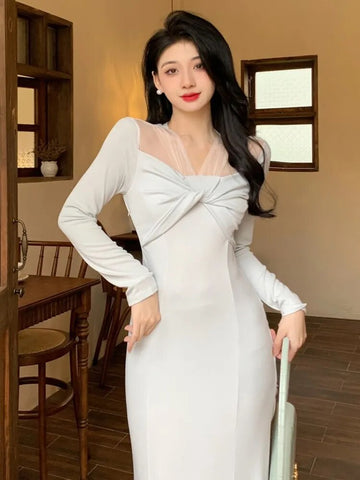 Sonicelife   Autumn New French Women Elegant Long Sleeve Midi Lady Fashion Mermaid Dresses For Party Solid Prom Maxi Clothes