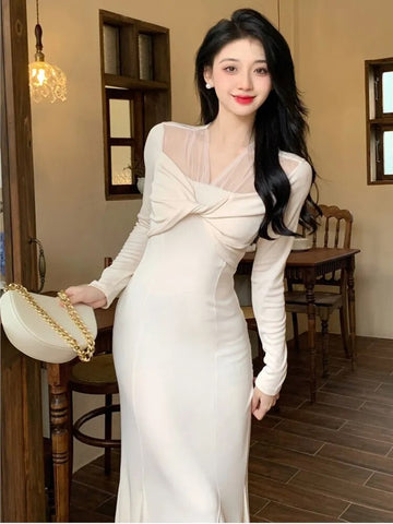 Sonicelife   Autumn New French Women Elegant Long Sleeve Midi Lady Fashion Mermaid Dresses For Party Solid Prom Maxi Clothes