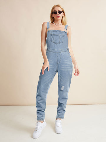 Sonicelife 2024 New Fashion Woman Bottom Elegant Washed Distressed Denim Overall