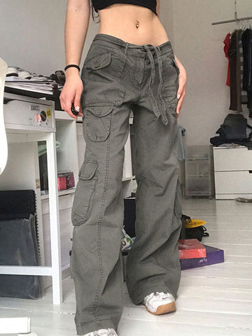 Sonicelife 2024 New Fashion Woman Bottom Elegant Washed Pocket Patched Cargo Jeans