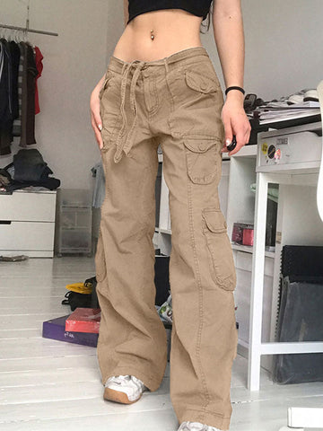 Sonicelife 2024 New Fashion Woman Bottom Elegant Washed Pocket Patched Cargo Jeans